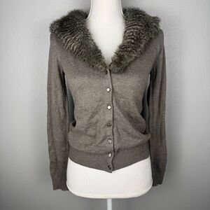 Ann Taylor Women’s XXS Petite Tan Sweater Faux Fur Collar Long Sleeve Boho Cozy